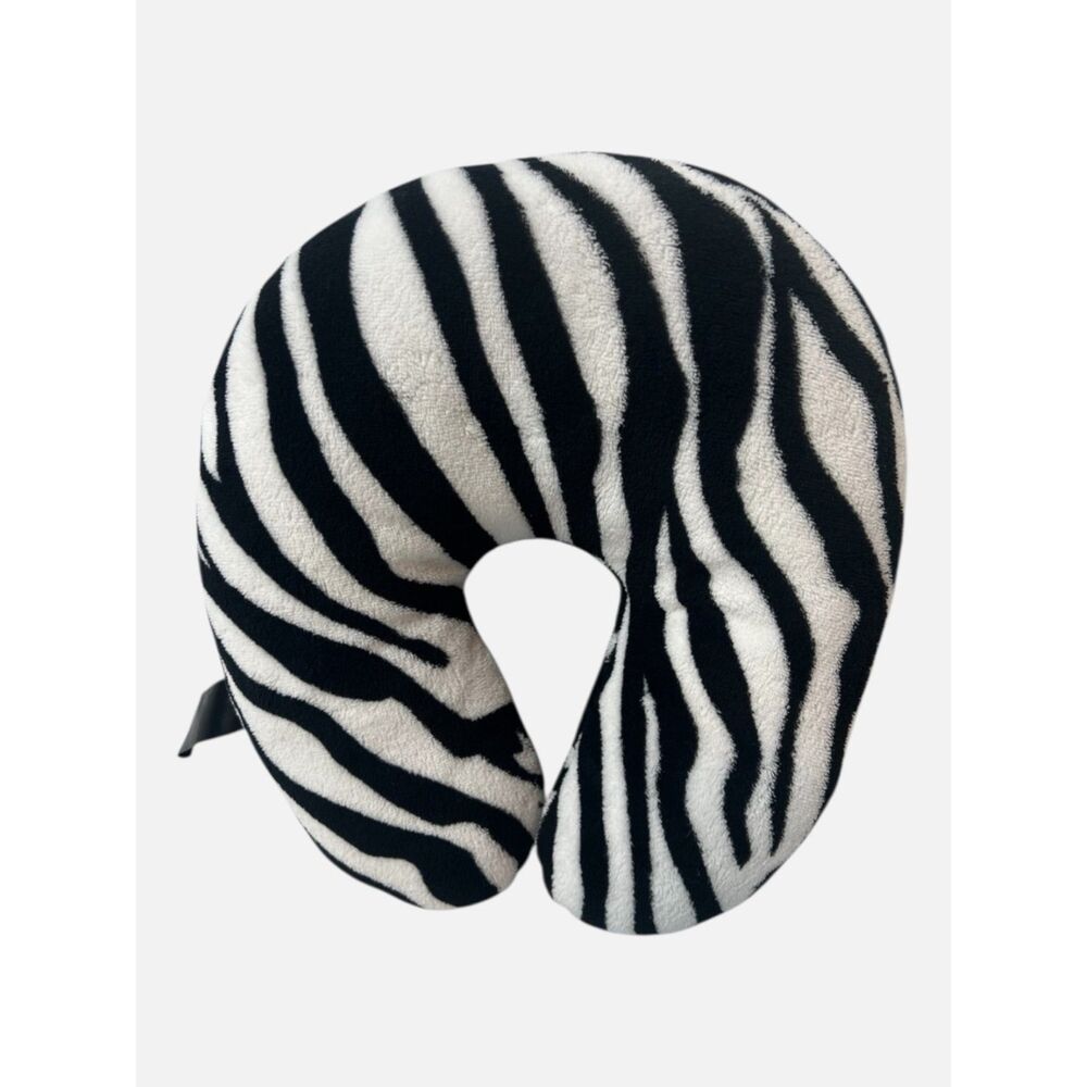 Zebra Print Travel Neck Pillow Black White Plush U-Shaped Air Travel Car Comfort